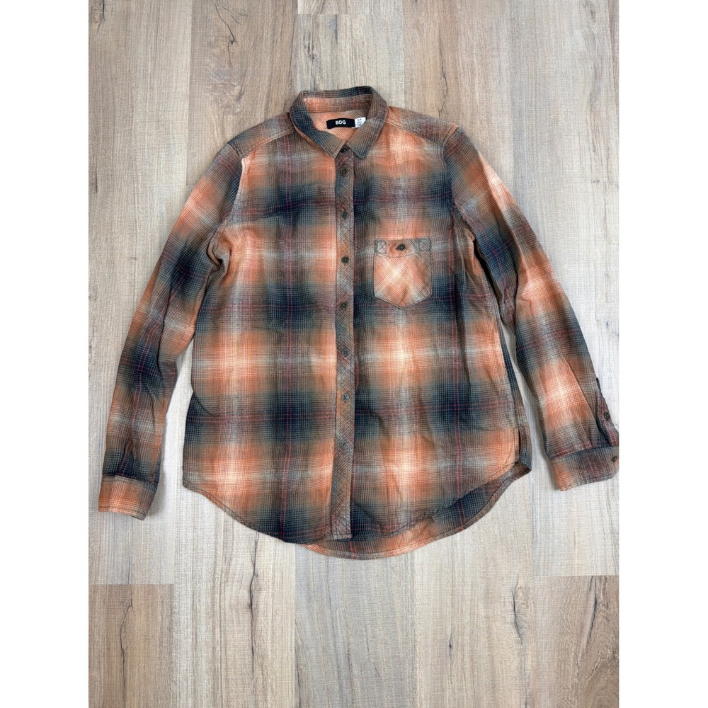 BDG Urban Outfitters Womens Small Orange Blue Plaid Cotton Flannel Button Down